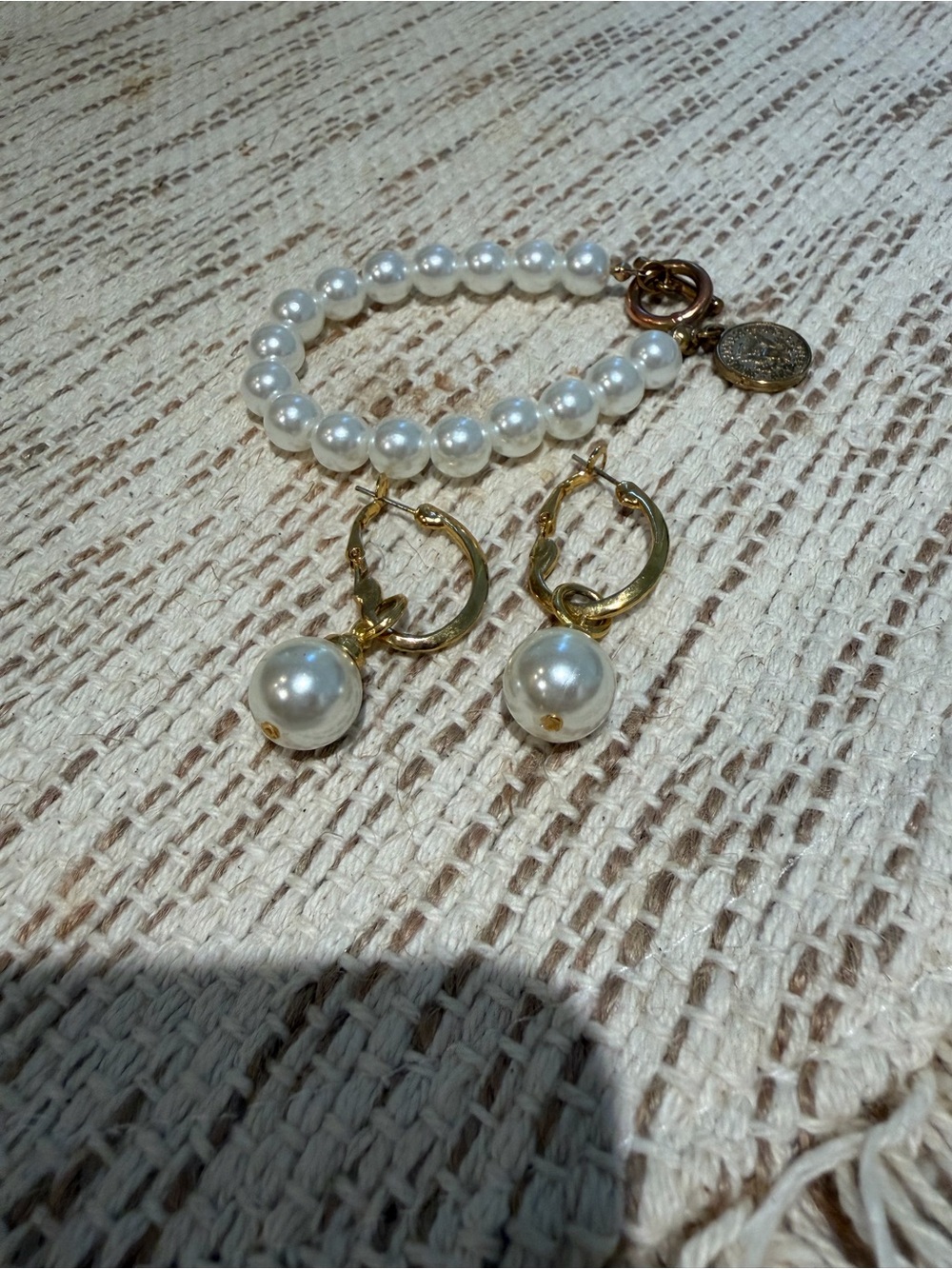 Gold Pearl Bracelet and Hoop Drop Earrings Set - White Pearls